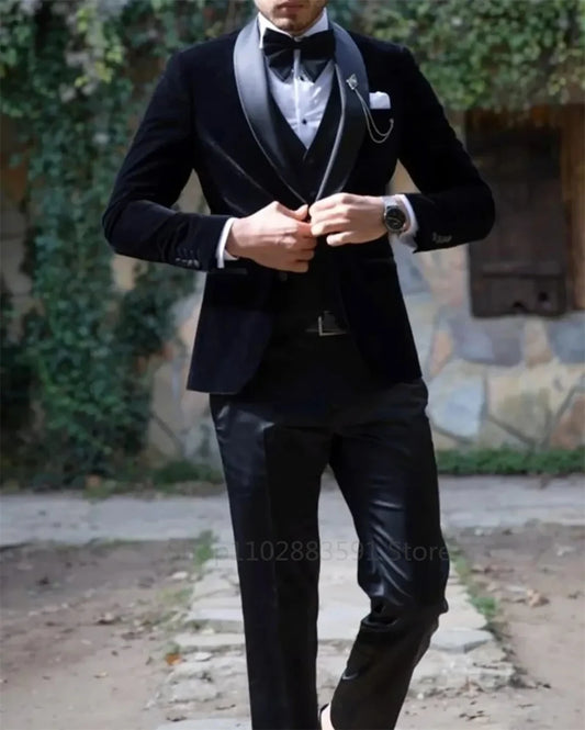 Black Men Wedding Suit Shawl Lapel Groom Wear Tuxedos Business Party 3 Pieces (Jacket+Vest+Pants)Costume Homme