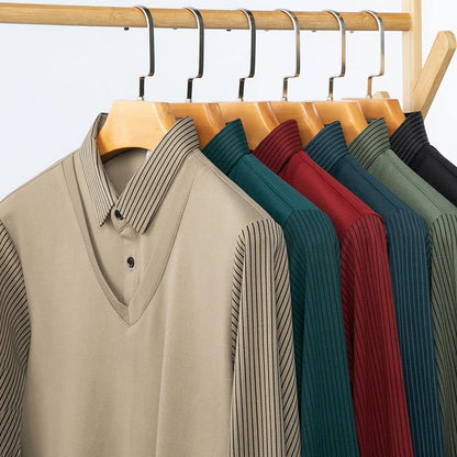 2025 New Men's Casual and Fashionable Long Sleeved Solid Color Fake Two-piece Polo Shirt Business All Season Versatile Top