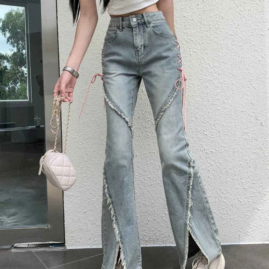 Jeans Women Harajuku Pink Bandage High Waist Denim Pants Casual Streetwear