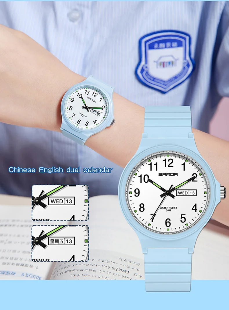 SANDA 9072 Student Quartz Watch Simple Light Fashion Resistant Outdoor Sport Wristwatch for Boy and Girl Best Gift
