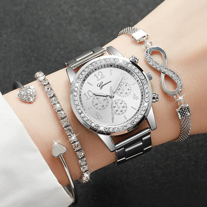 4PCS/Set Women's Watch Fashion Rhinestone Arabic Dial Steel Band Quartz Watches Bracelets Set（Without Box）
