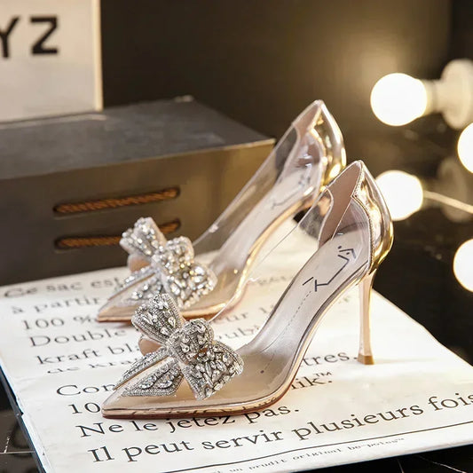 New Pointed Crystal Fairy Ladies Wind Sandals Rhinestone Butterfly-knot Transparent High Heel Women Sandals Fashion Shoes 2024