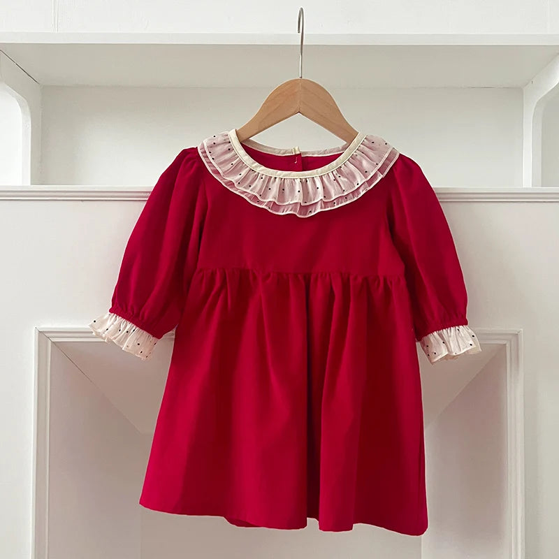 Christmas Party Dress Baby Girl Lace Princess Ruffle Satin Finish Dress