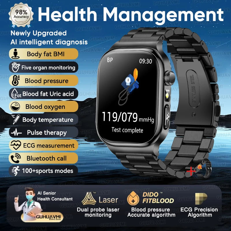 2025 New Five organ examination Health Care Smart Watch Men ECG+PPG Uric Acid Blood Fat Bluetooth Call Sports tracker Smartwatch
