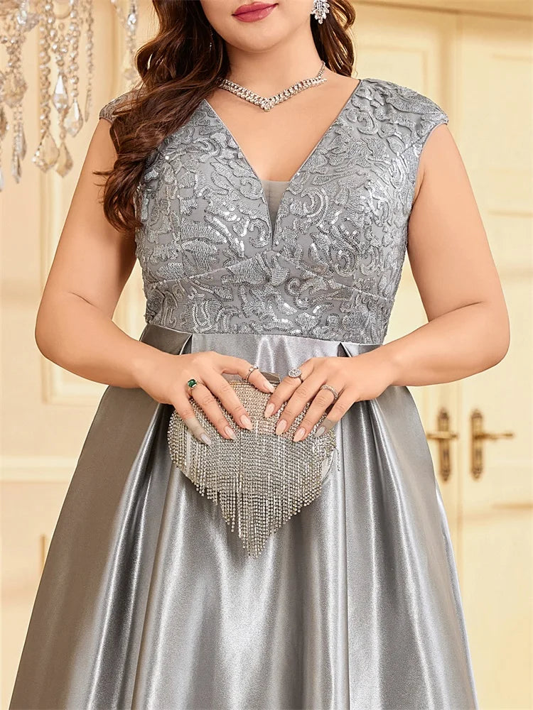 Homecoming Dresses: Plus Size Plus Size Luxury Gold Satin V-Neck Evening Dress