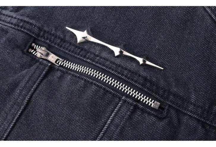 High Street Washed Denim Jackets Hip Hop Loose Zipper Metal Design Jean Jackets