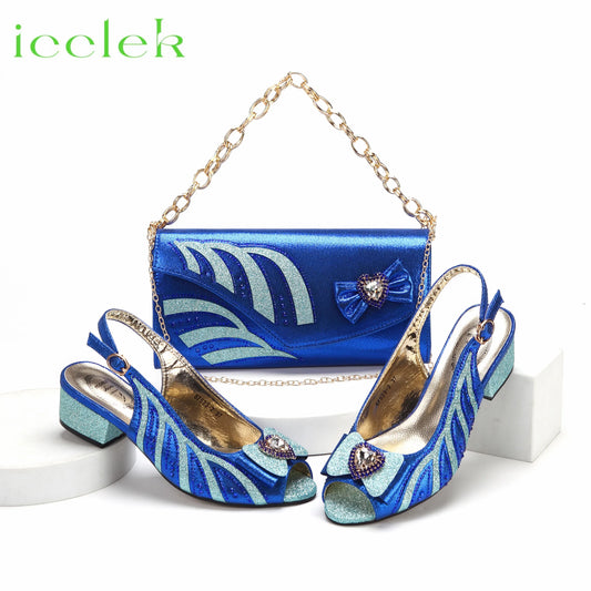 Royal Blue Elegant Low Heels Nigeria Popular Design African Ladies Shoes And Bag Set