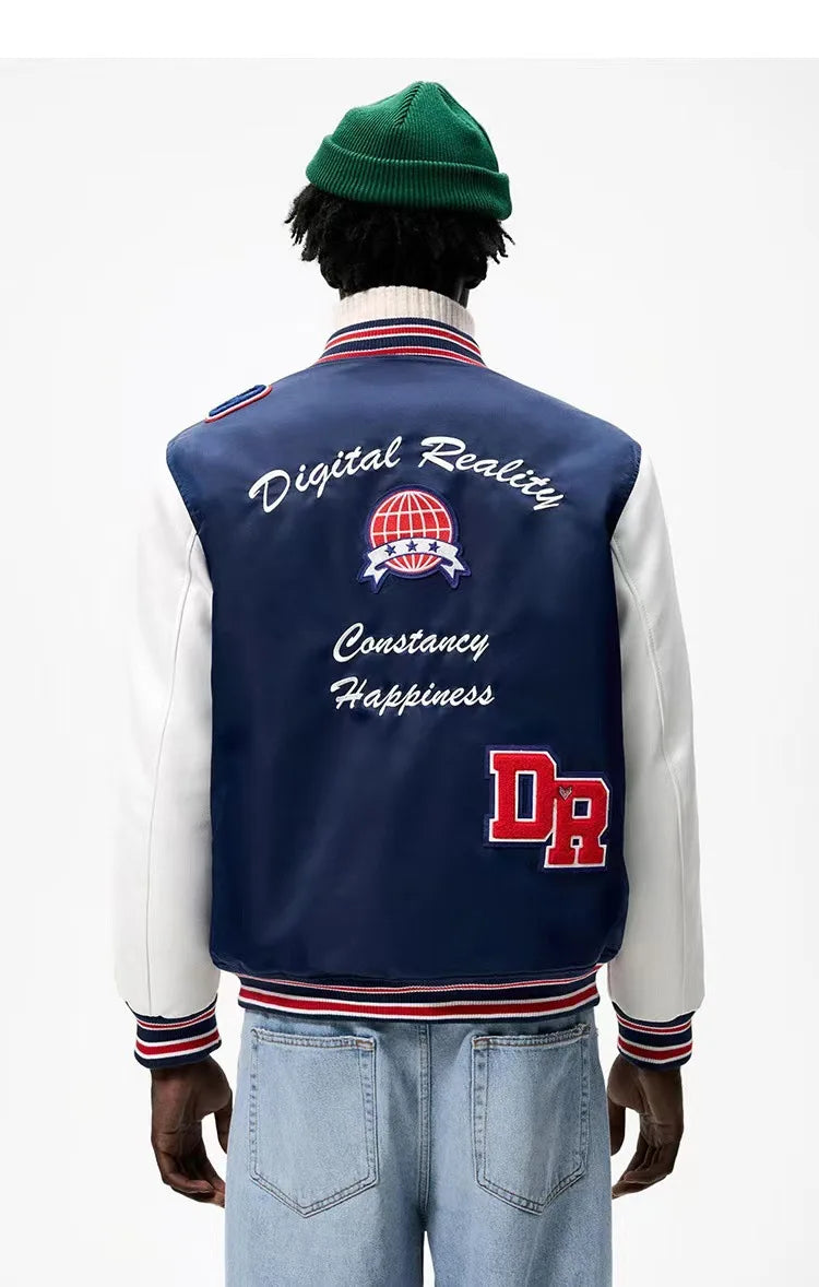 Academy Style Embroidered Vintage Pu Leather Baseball Suit Cotton Autumn Coat Men
