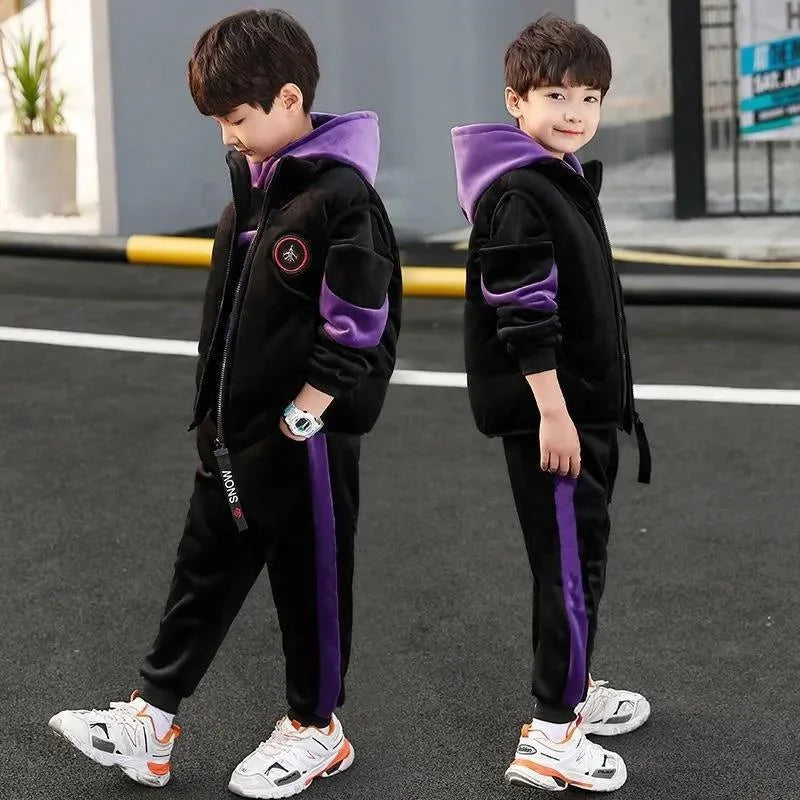 Boys Double-sided Velvet Sets Children Fashion Hooded Suit Kids Autumn Winter Jackets+Pants 2Pcs Outfits Teenager Casual Clothes