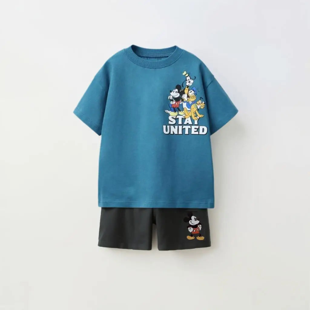 Kids Fashion Stes Casual Colthes Printing Tops+ Solid Color Shorts Loose Costume Two Piece Summer Boys Girls Clothing O-neck Tee