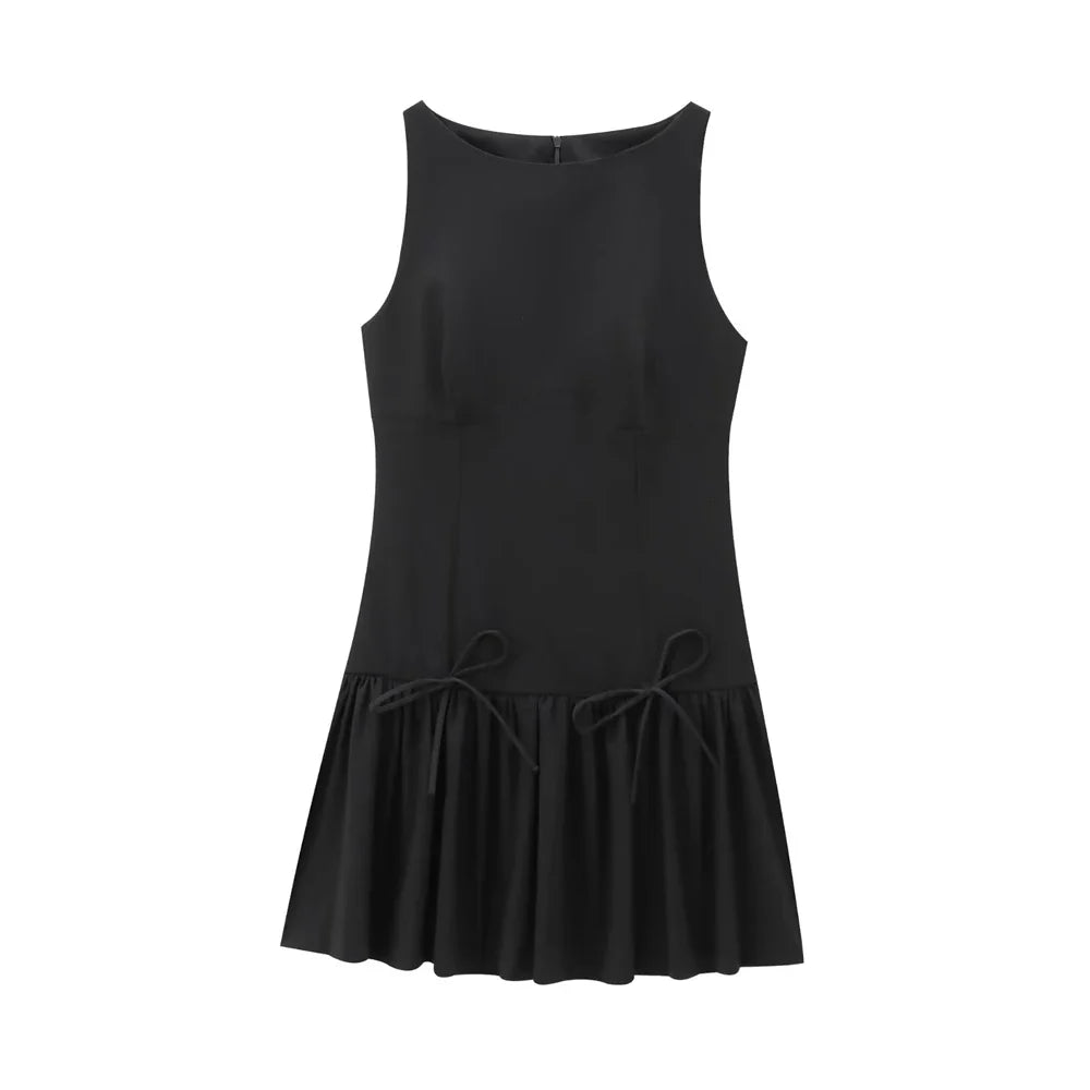 Women's Ruffled Mini Dress with Bows, O Neck, Sleeveless, Back Zipper, Female Dresses, Chic Fashion