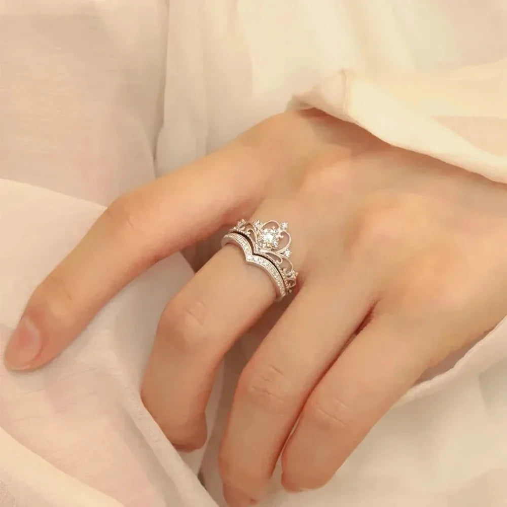 Stainless Steel Crystal Crown Adjustable Ring Irregular Geometry Vintage Rings Set for Women Girls New Fashion Jewelry Gift