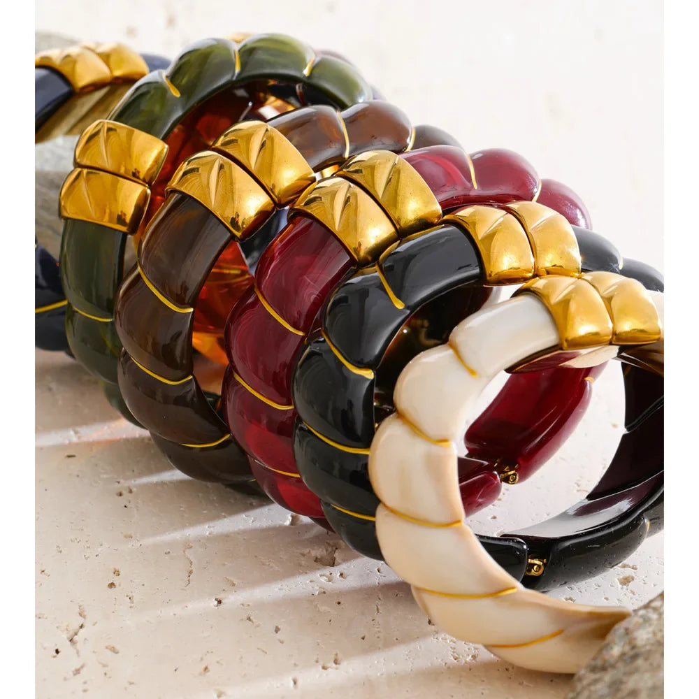 Yhpup Exclusive Multi-Color Acrylic Resin Wide Statement Bracelet Bangle Stainless Steel Autumn Winter Sweater Wrist Jewelry