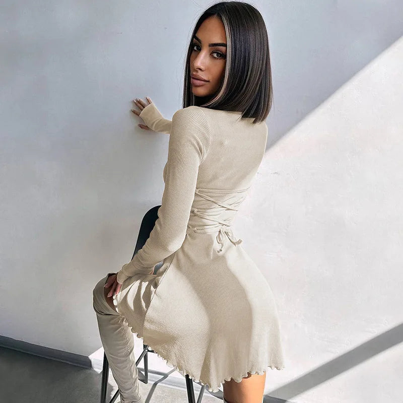 Dulzura Women 2024 Spring Autumn Fashion Long Sleeve Knitted Streetwear Bodycon Short Mini Dress Wholesale Items For Business