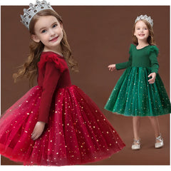 Red Christmas Dress for Baby Girls Winter Long Sleeve Mesh Dresses