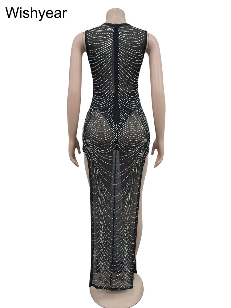 Evening Dresses: Diamonds Rhinestones Mesh Birthday Bodycon Maxi Dress for Women