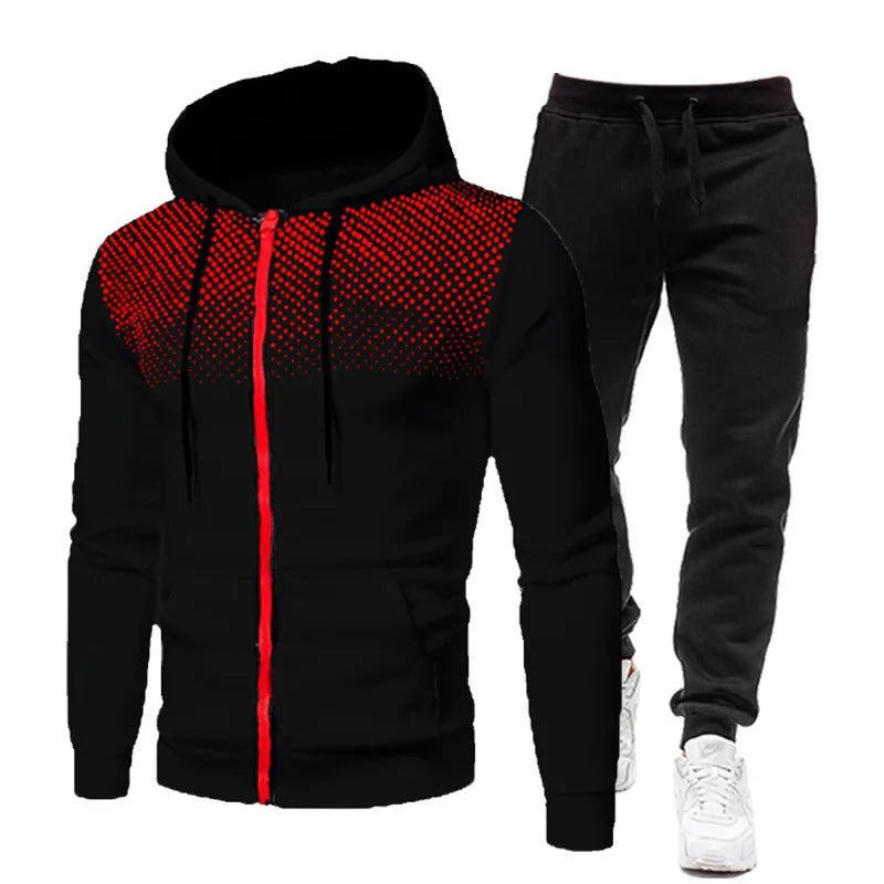 2025 Men's Sports Set Outdoor Running Clothing Spring Autumn Dot Print Zipper Hoodie And Sports Pants Two-Piece Set