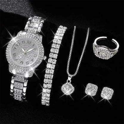 6PCS/SET Silver Women's Watch Business Leisure Element Watch Luxury Dial Quartz Watch Jewelry Set Gift For Her