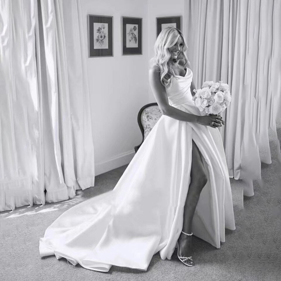 White Bridesmaid Dresses: White Plus Size A Line Satin Strapless Wedding Dress V Neck