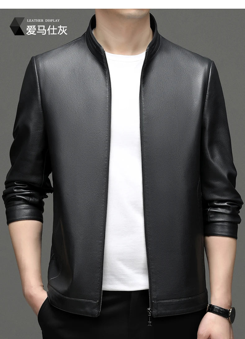 Spring and Autumn Men's Genuine Leather Polo Mock Neck Jacket Fashion