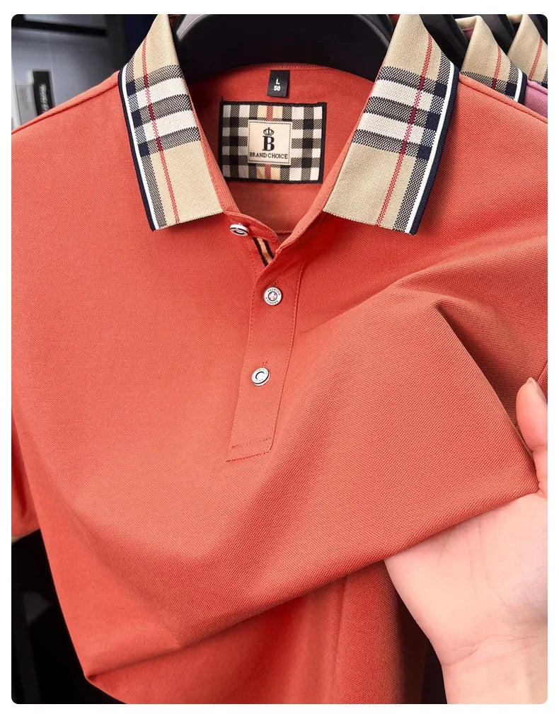 High end silky cotton breathable short sleeve polo shirt men's summer new trend plaid lapel designer brand casual golf T-shirt