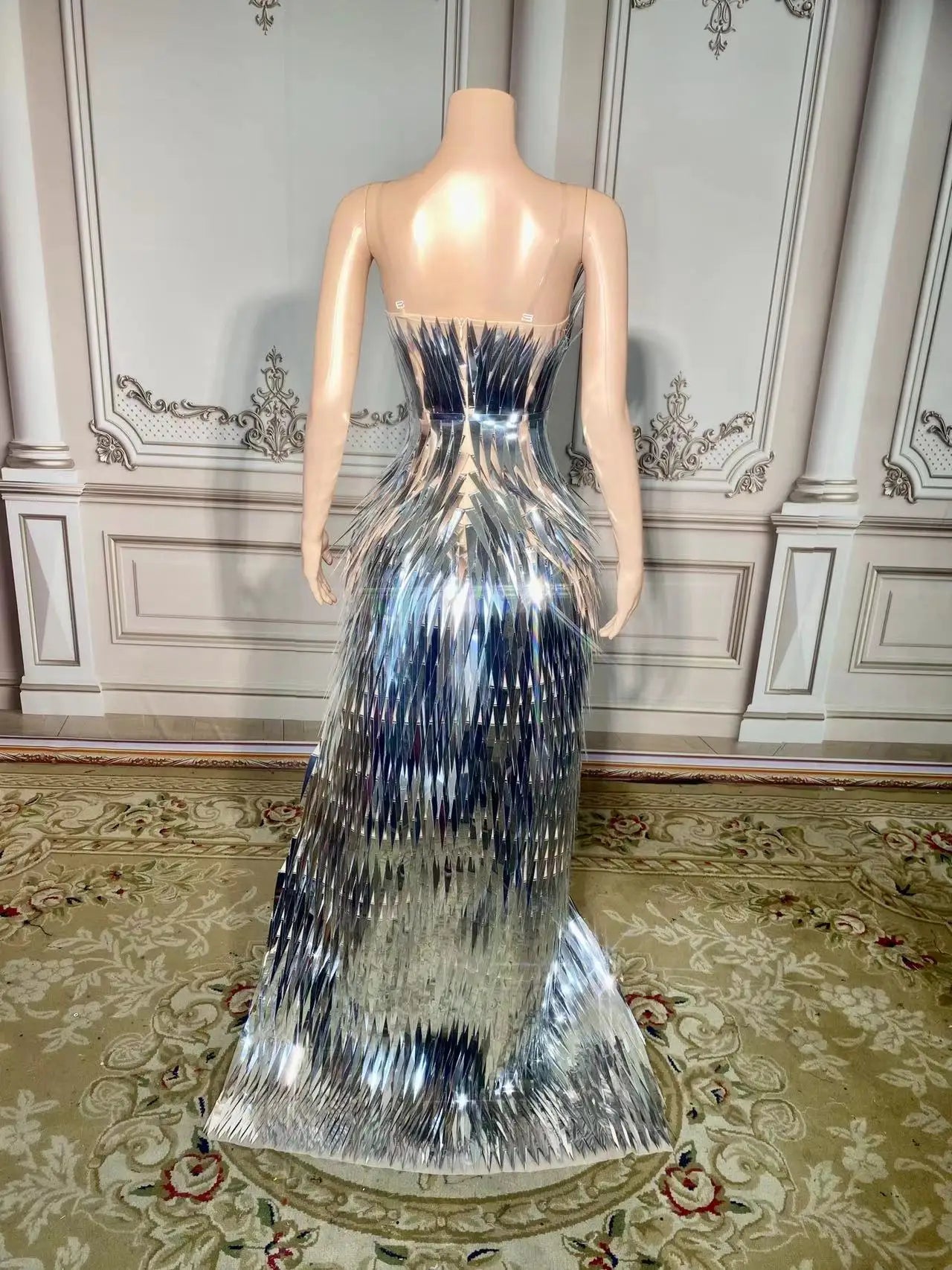 Evening Dresses for Women: Silver Sequin Deep V Neck Mermaid Evening