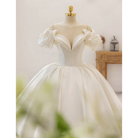 White Bridesmaid Dresses: Short Sleeve Neck Lace Up Back Satin Ball Gown