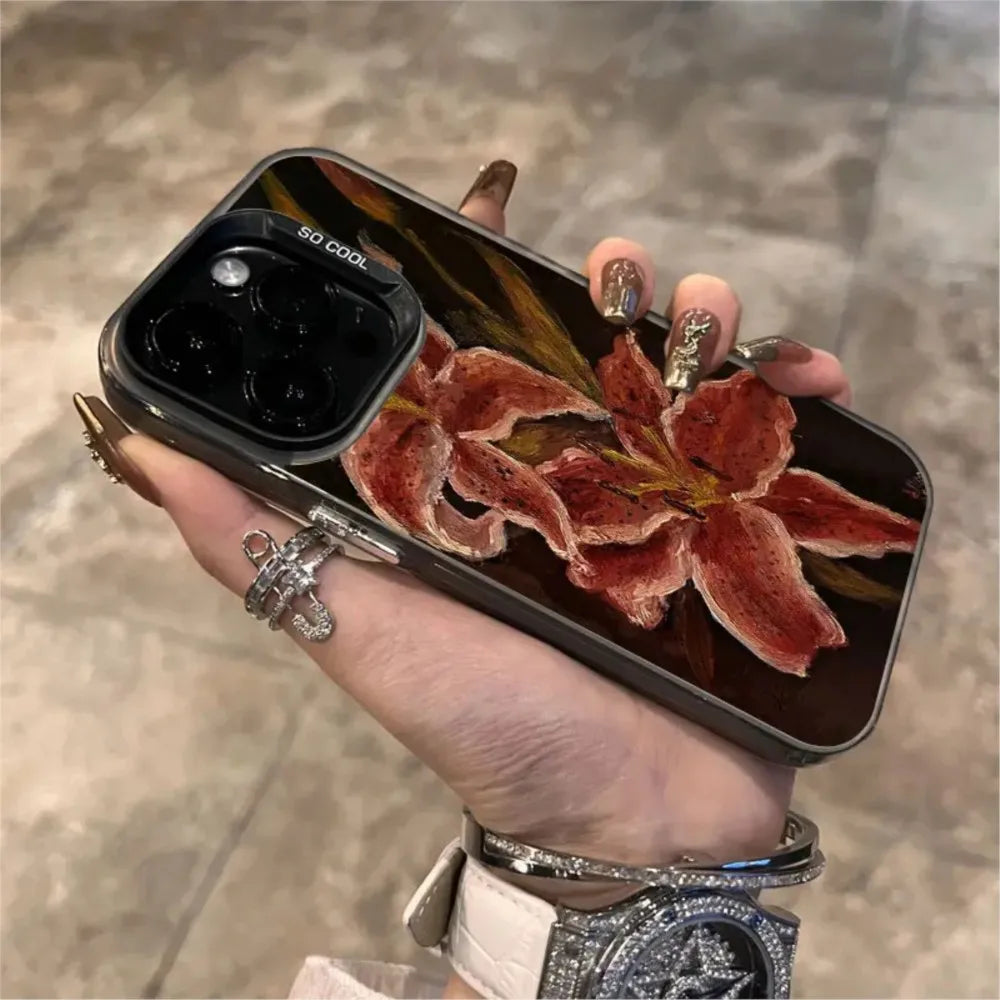 Painting Lily Flower Phone Case For iPhone 17 Air 16 15 14 13 12 11 Pro Max 7 8 Plus Black Hard Cover