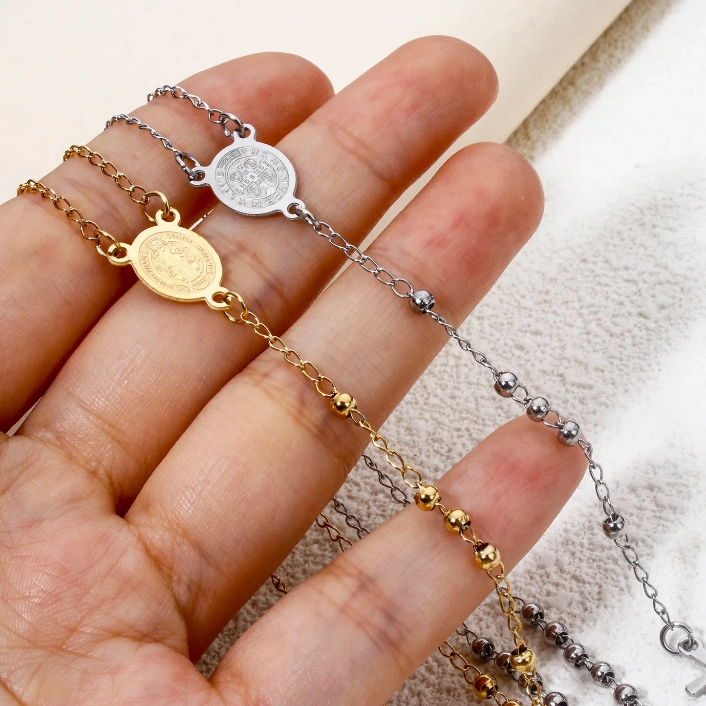 1 Piece Religious 304 Stainless Steel Prayer Beads Rosary Necklace Cross Pendant For Women Jewelry Gifts 52cm(20.5") long