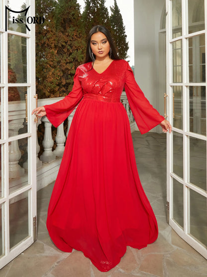 Missord New Plus Size Red V Neck Long Sleeved A-line Evening Prom Wedding Birthday Party Formal Occasion Dresses
