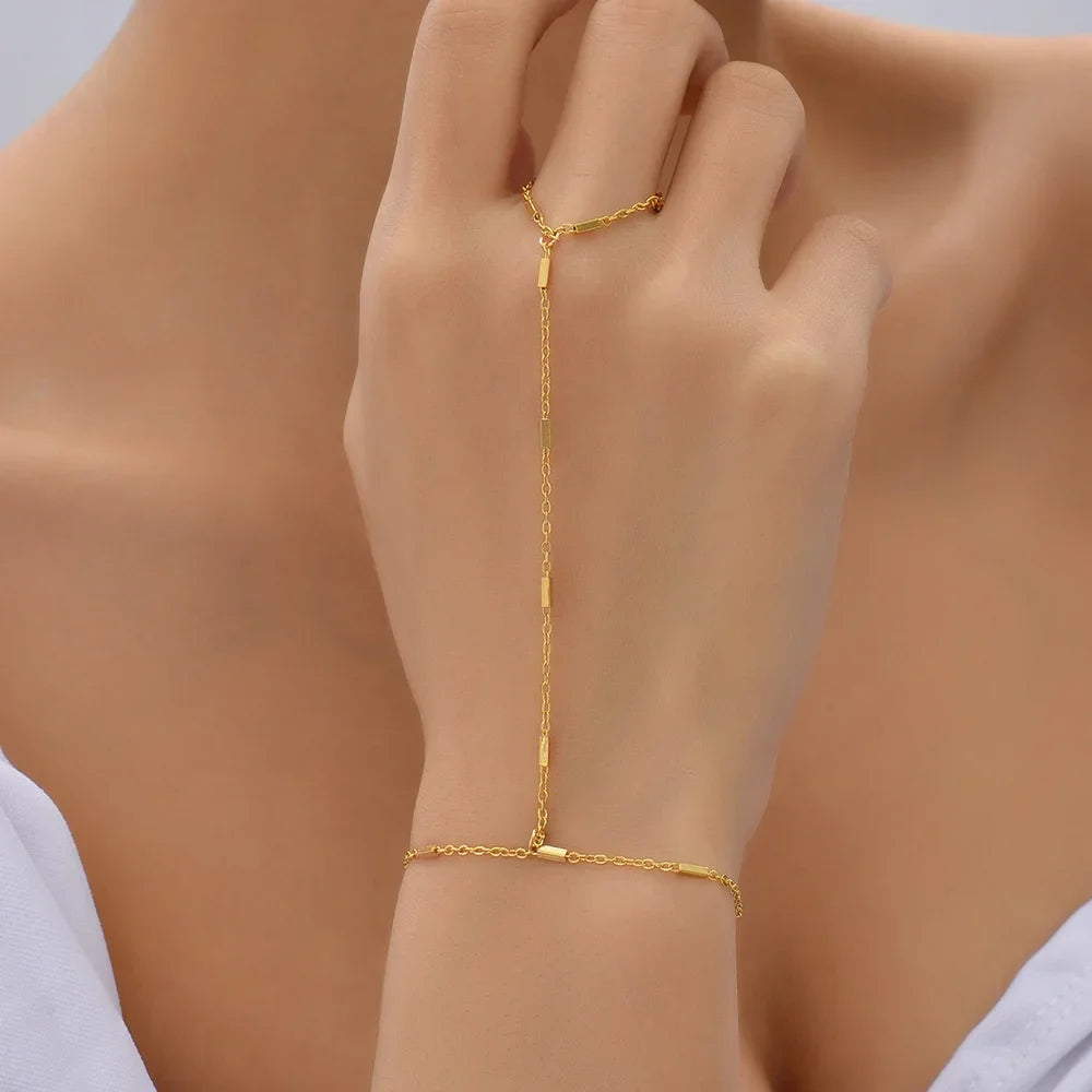 Dainty Hand Chain Bracelet Ring Gold Plated Handmade Link Chains Connecting Harness Bracelets Hand Jewelry for Women Trendy Gift