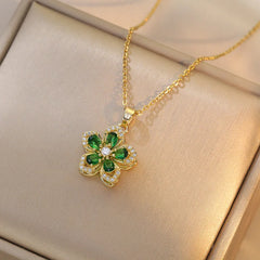 Stainless Steel Gold Plated Romantic Rotatable Flower Zirconia Pendant Necklace