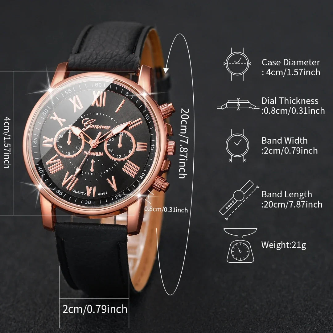 6PCS/Set Fashion Roma Dial Women's Quartz Watch Casual Leather Band Analog Wrist Watches（Without Box）