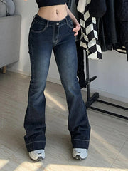 Y2K High Street Low Rise Jeans Blue Women Pants Bootcut  Pockets Jeans