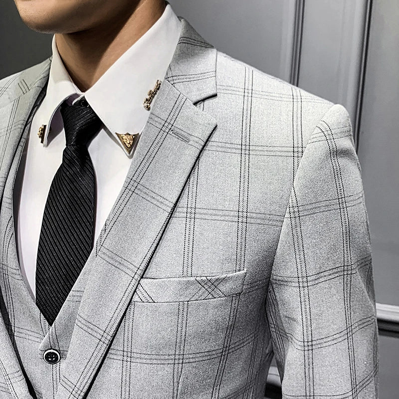 ( Jacket + Vest + Pants ) High-end Fashion Classic Plaid Men's Formal Business Office Suit Three-piece Set Groom Wedding Dress