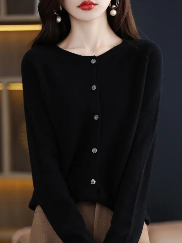 Long Sleeve 100% Merino Wool Sweaters Cashmere Cardigan Spring Autumn Women