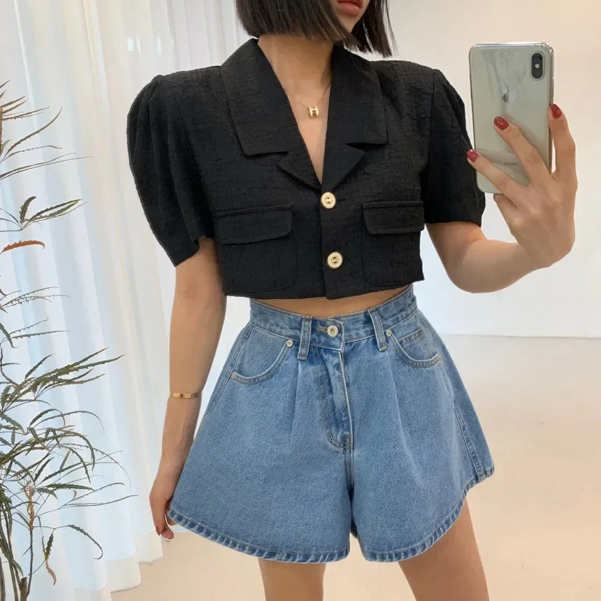 REALEFT 2024 New High Waist Washed Women's Denim Wide Leg Shorts Summer Buttons Casual Female Blue Jeans Trouses Pockets