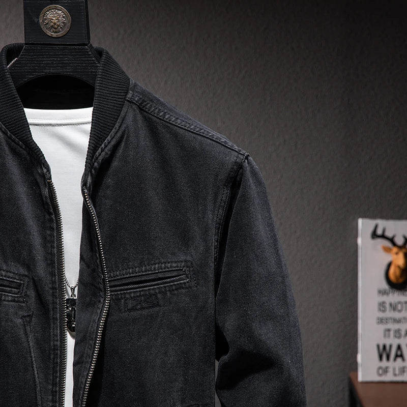 Autumn New Stand Collar Zipper Denim Jacket Men Casual British Slim Black Coat