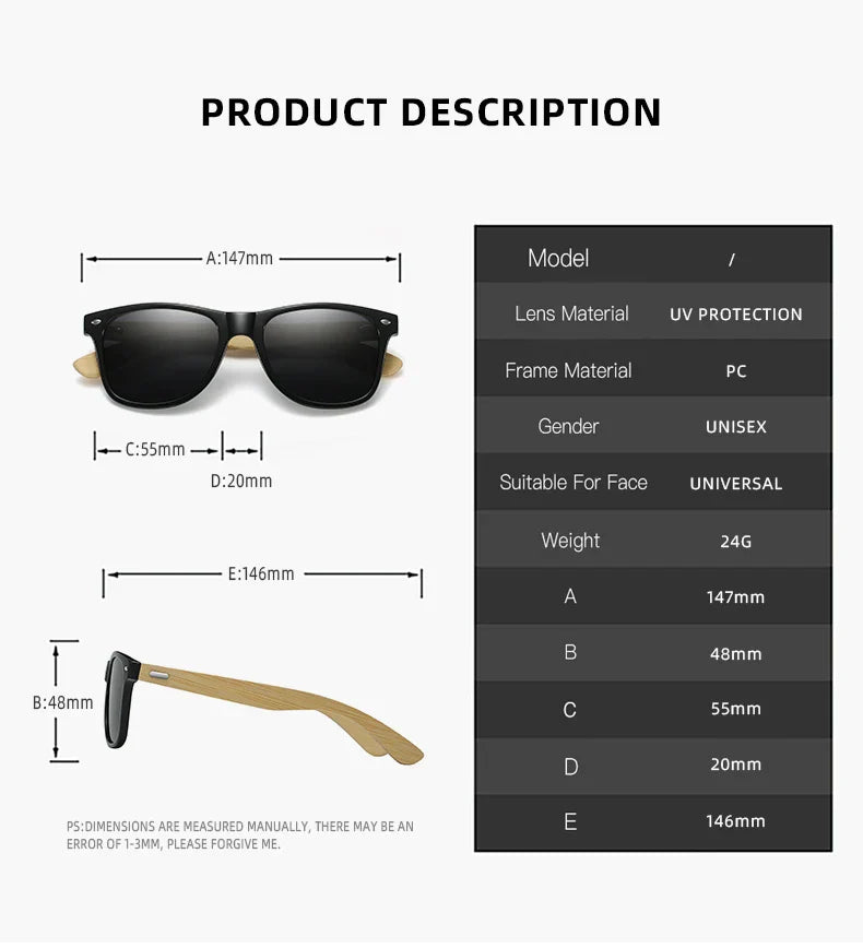 Fashion Bamboo Wood Vintage Square Sunglasses Men Women Luxury Brand Designer Sun Glasses Wooden Driving Fishing Eyewear