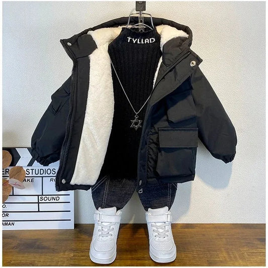 Down Cotton Jacket Boys Black Hooded Coat Children Outerwear Clothing