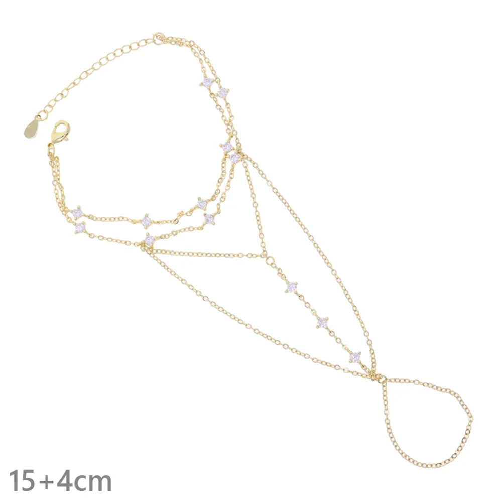 2025 New Micro Pave Clear CZ Tassel Hand Chain Bracelet Gold Color With Round CZ Station Double Chain Fashion Women Jewelry