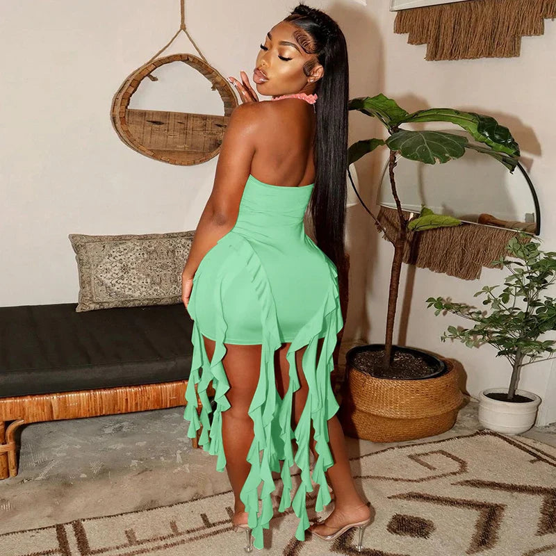 Hugcitar Elegant Halter Solid Ruffles Backless Taseel Sexy Slim Mini Dress Spring Women Cute Outfits Birthday Party Vacation