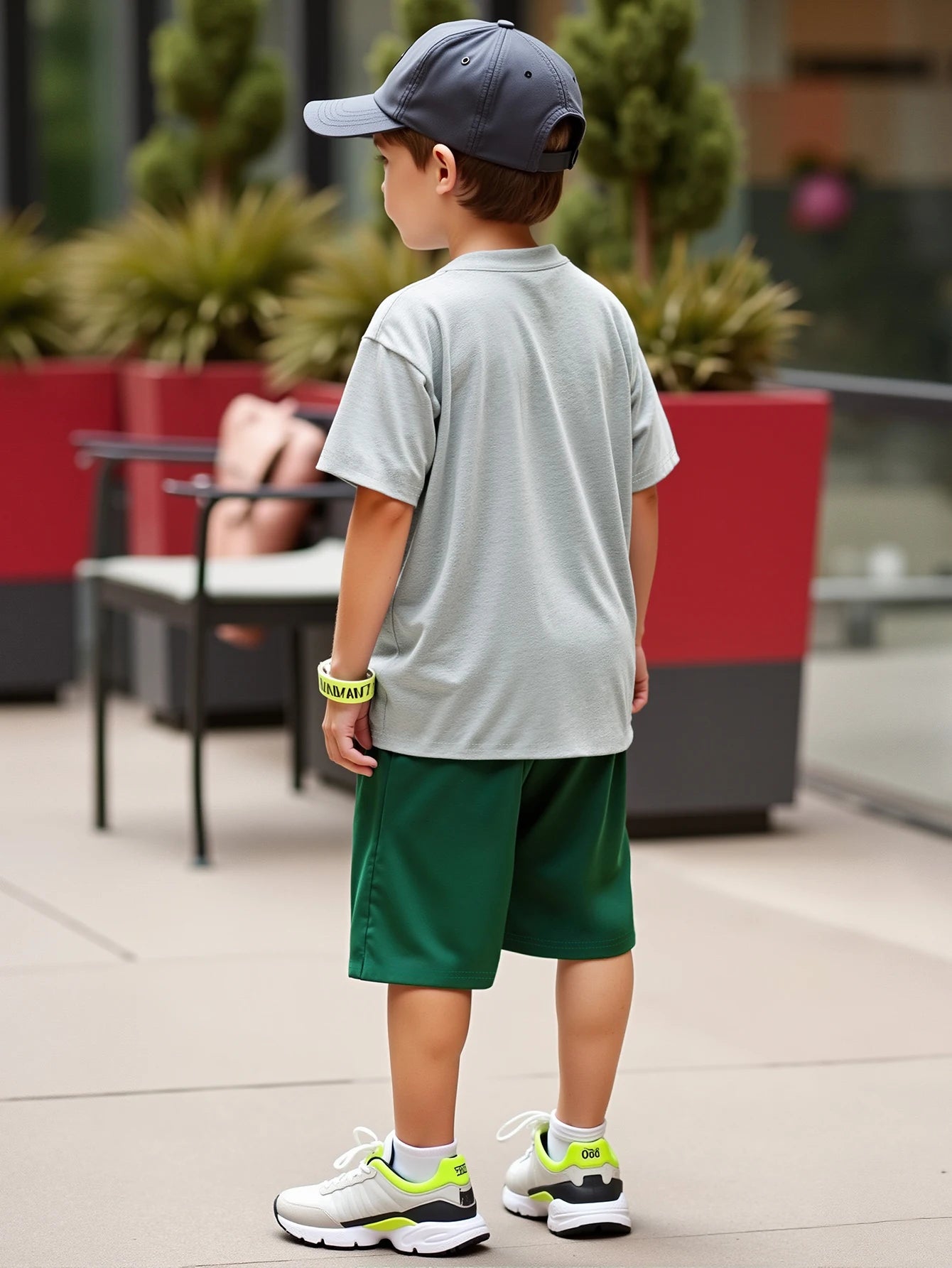 Summer Boys' Cool Casual Cartoon Bear Print T-Shirt & Green Knit Shorts 2-Piece Outfit Set