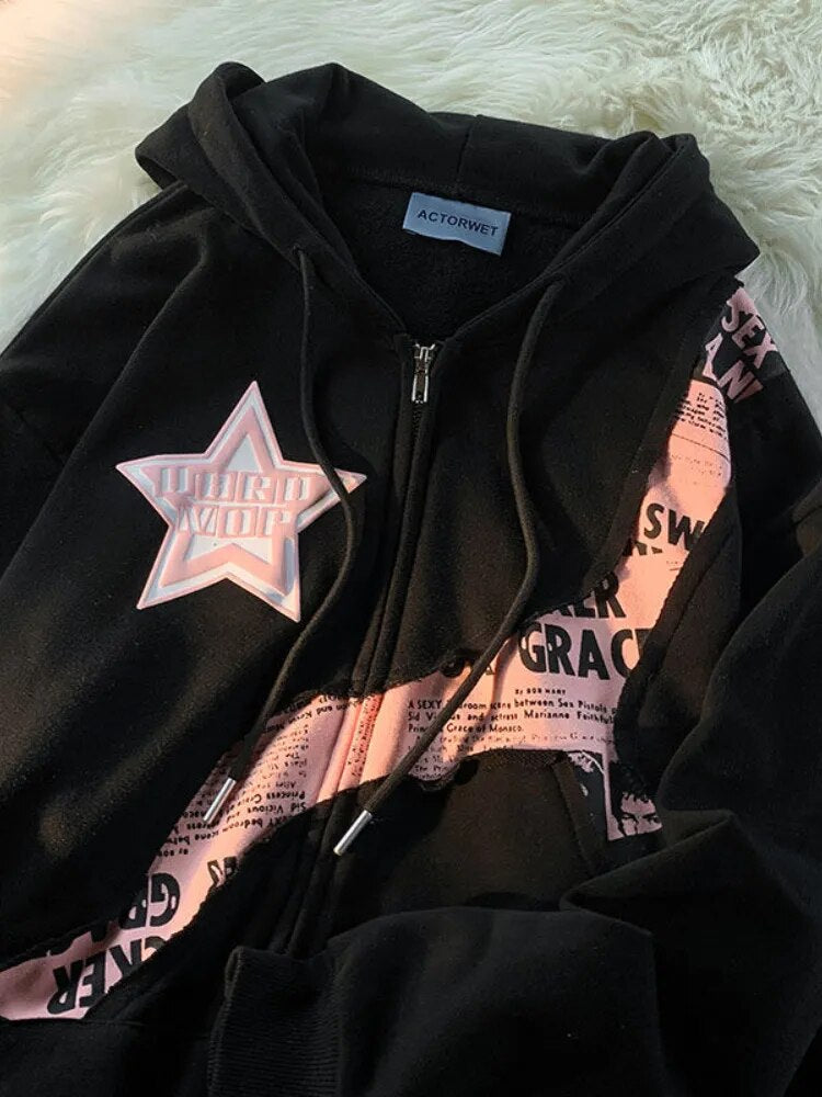 Deeptown Vintage Zip Up Hoodies Women Harajuku Hip Hop Letter Print Coats