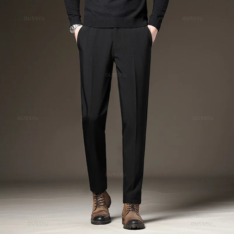 Men‘s Suit Pants Slim Business Office Elastic Waist Thin Black Grey Classic Pant
