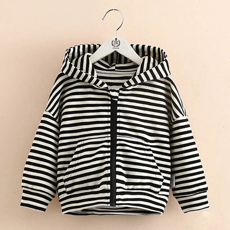 2022 Casual Spring Autumn 2 3 4 6 8 10 12 Years Long Sleeve Children White Black Striped Hooded Zipper Jacket For Kids Baby Girl