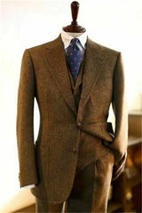 Brown Wool Tweed Men Suits For Wedding Business Formal Groom Tuxedo