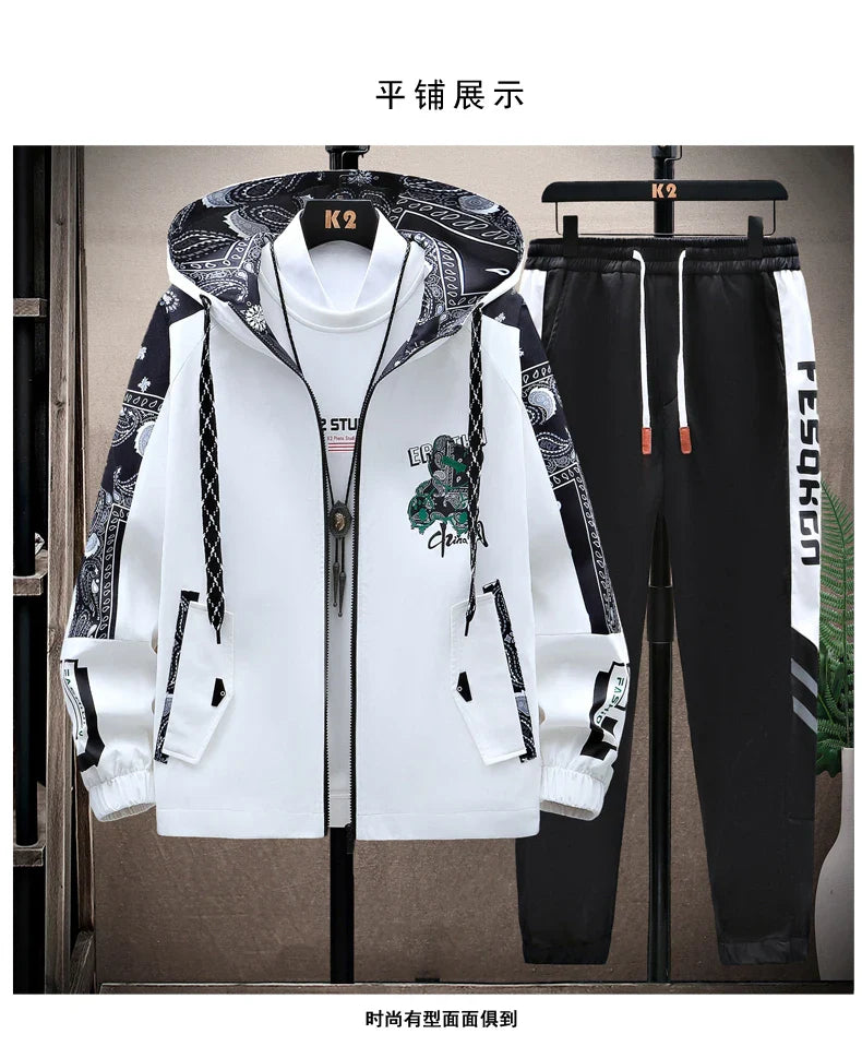 Spring Men Sportswear Tracksuit 2 Piece Running Sets Sports Hooded Jacket+Pant Sweatsuit Male Print Clothing Streetwear