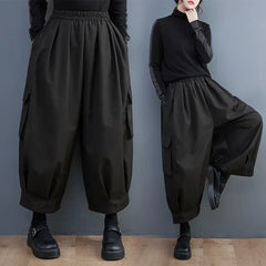 Black Vintage High Elastic Waist Oversized Cargo Pants Women