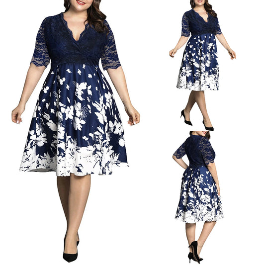 Women New Plus Size V-Neck Party/Cocktail Dress Summer Elegant Fashion Lace Patchwork Half Sleeve Zip Floral Printed Dresses